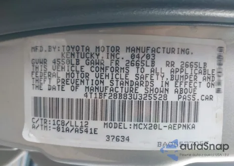 2003 Toyota Avalon Xl z USA, uszkodzony, nr VIN 4T1BF28B83U325528